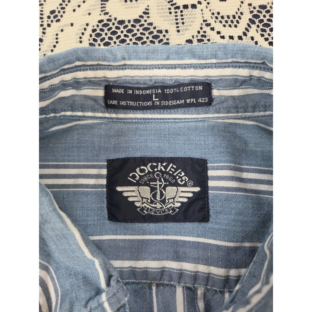 Levis Dockers Shirt‎ L Blue Striped Chambray Short Sleeve Button Down Collared